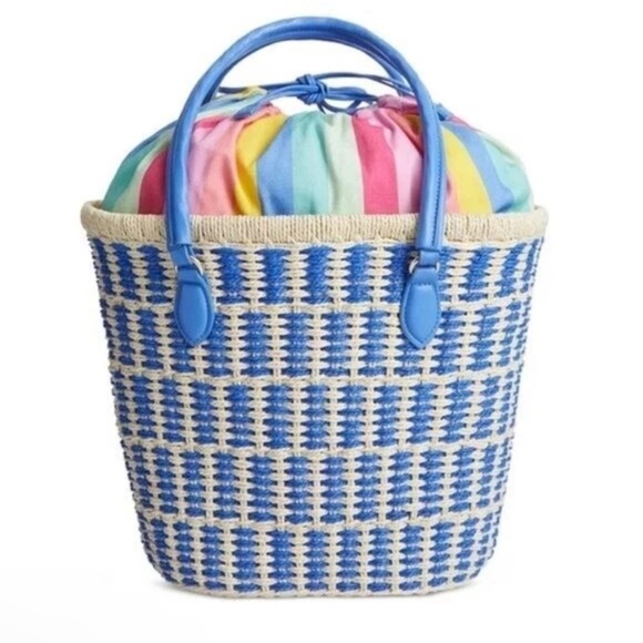 On 34th Isabellaa Straw Tote Basket Bag Created for Macy's Size One Blue Tan - Picture 1 of 4